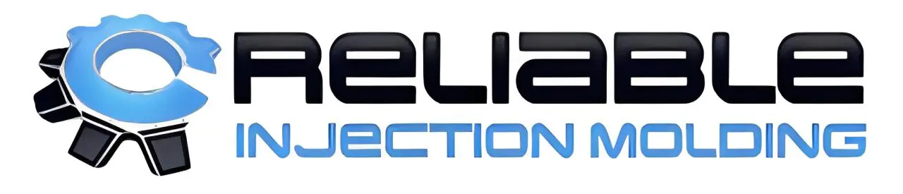 Logo for Reliable Injection Molding featuring a blue and black gear design to the left of the text.