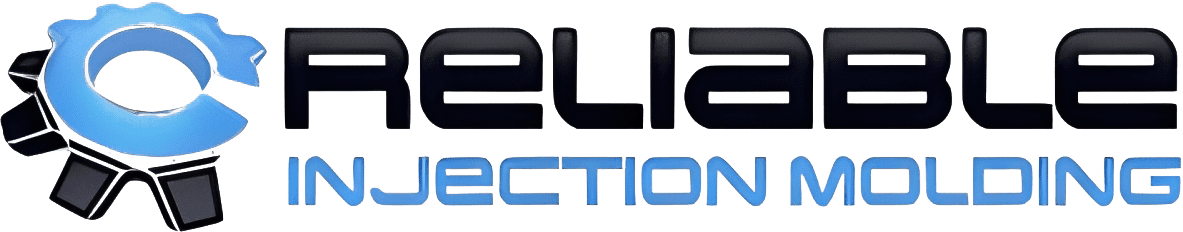 Logo for Reliable Injection Molding, featuring a blue gear design and bold black and blue text.